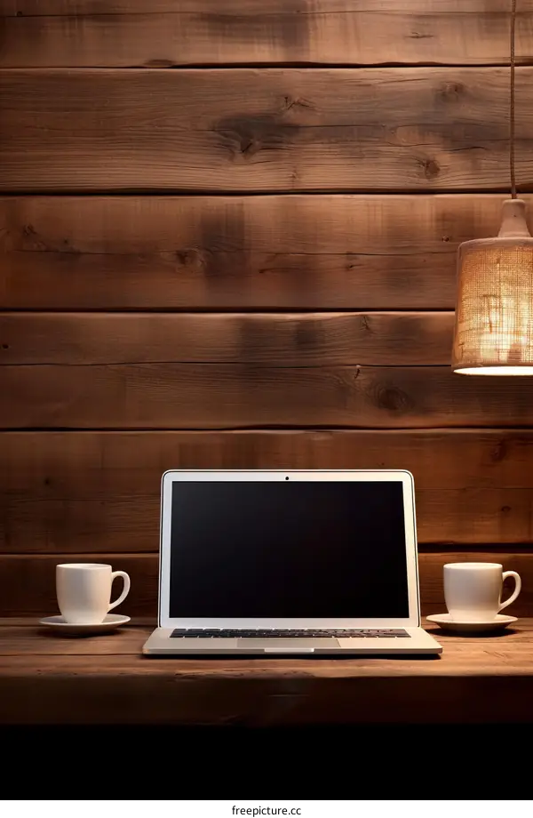 Minimalist Workspace: Laptop, Coffee, Wooden Table