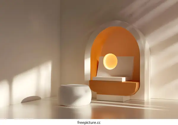 Minimalist 3D Render of a White Room with an Orange Archway and a Round Stool