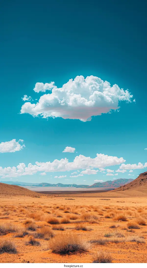 Arid Desert Landscape with Shrubs under Azure Sky and Billowy Clouds
