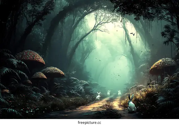 Enchanted Forest Pathway with Rabbits and Mushrooms