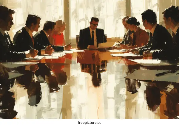A group of people are sitting around a table having a meeting