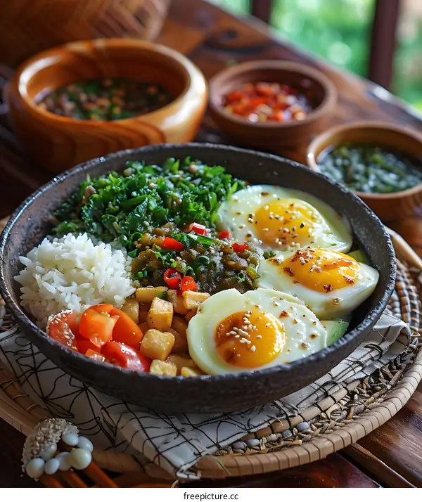 Indonesian Food with Two Sunny Side Up Eggs