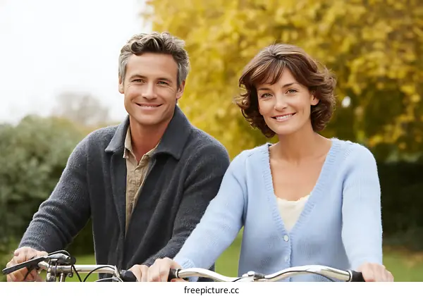 Couple Cycling Outdoors in Autumn Park