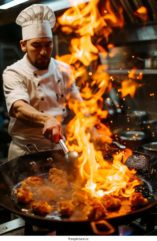 Chef cooking with fire in a wok