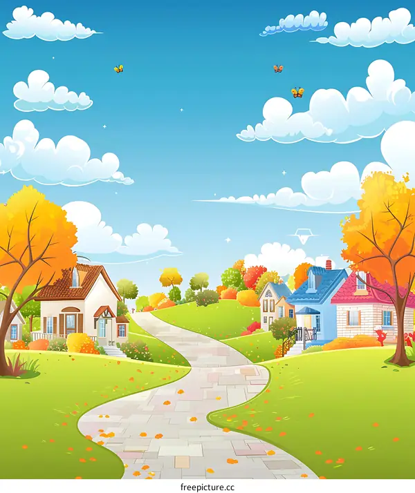 Cartoon Illustration of a Winding Road Through a Fall Village