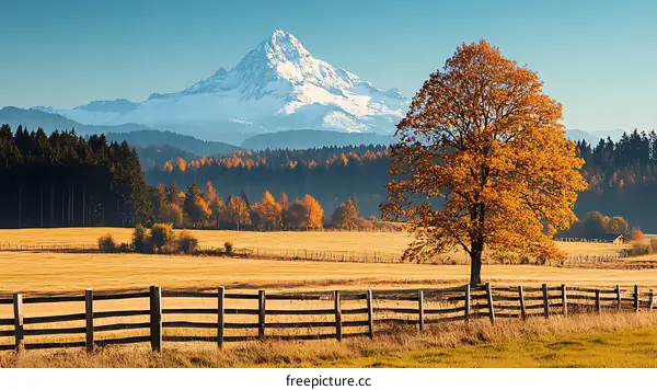 Autumn Mountain Landscape with Golden Trees and Wooden Fence