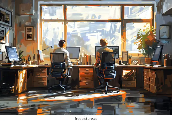 Two Men Working in Modern Office with Big Windows
