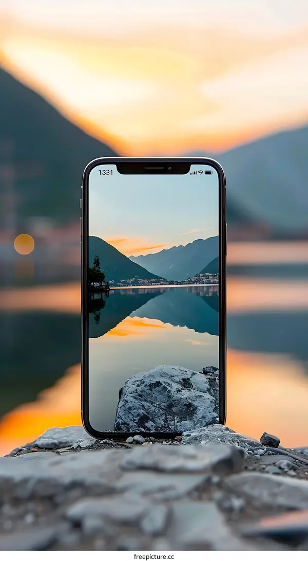 Mobile Phone Displaying a Lake and Mountains at Sunset