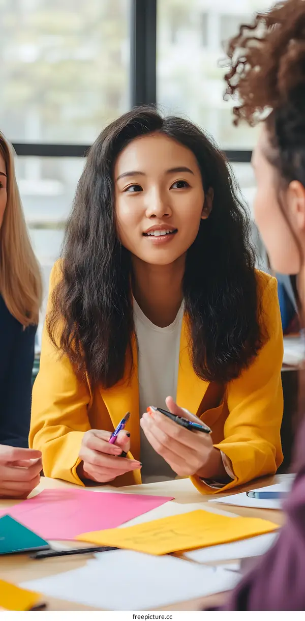 Young Asian Woman in Yellow Jacket Talking to Friends