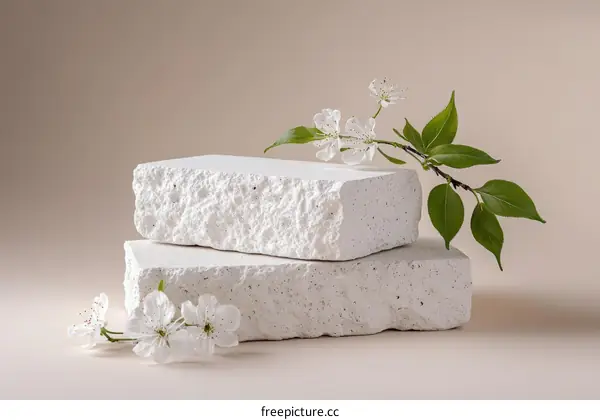 White Stone Blocks with Spring Blossoms Display