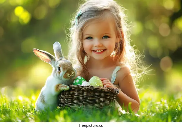 Child with Easter Bunny and Eggs in a Basket