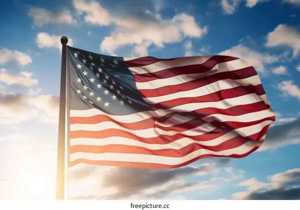 American flag waving in the wind against a blue sky with white clouds