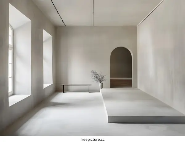 Minimalist White Room With Arched Doorway and Bench