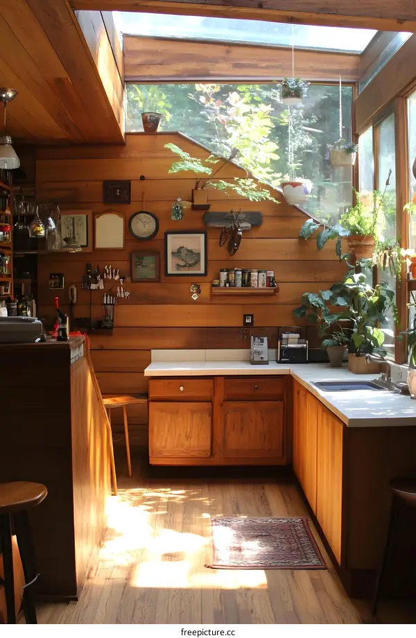 Rustic Kitchen with Wooden Walls and Skylight
