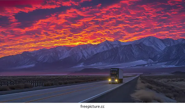 A semi truck drives through a mountain pass at sunset