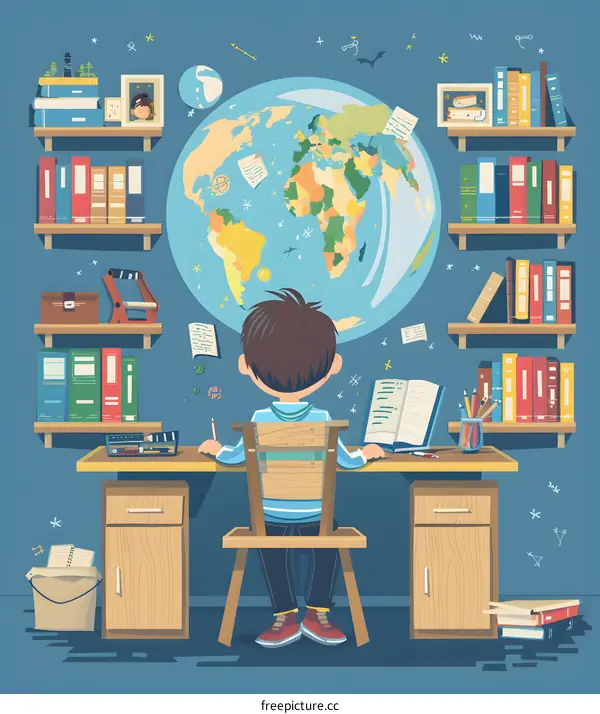 Young Boy Studying Geography With Globe