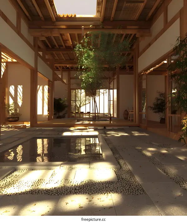 Japanese Style Courtyard with Wooden Beams and Pond