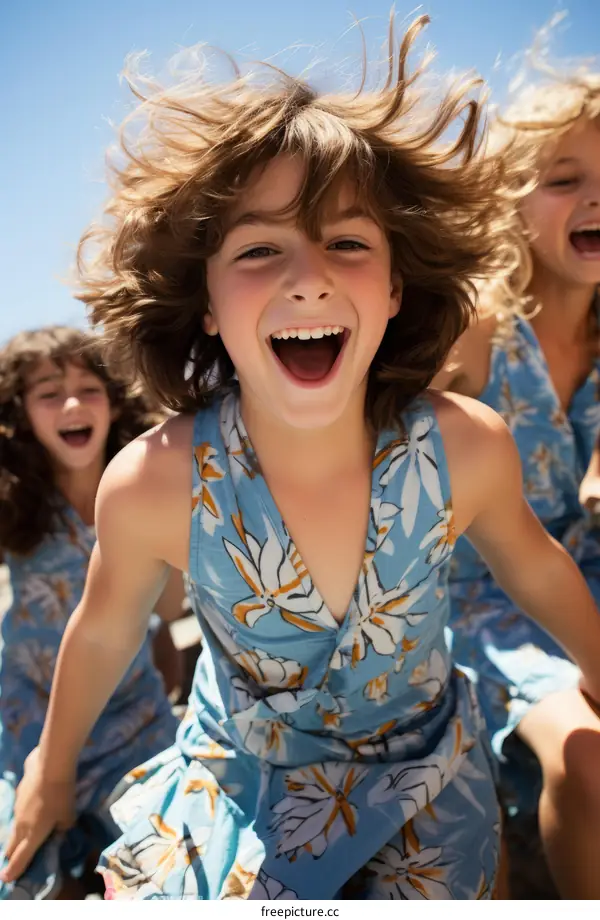 Three happy girls playing outside