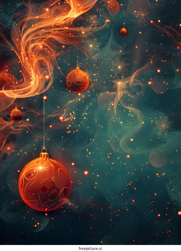 Red Christmas ornaments sparkle against a blue-green background