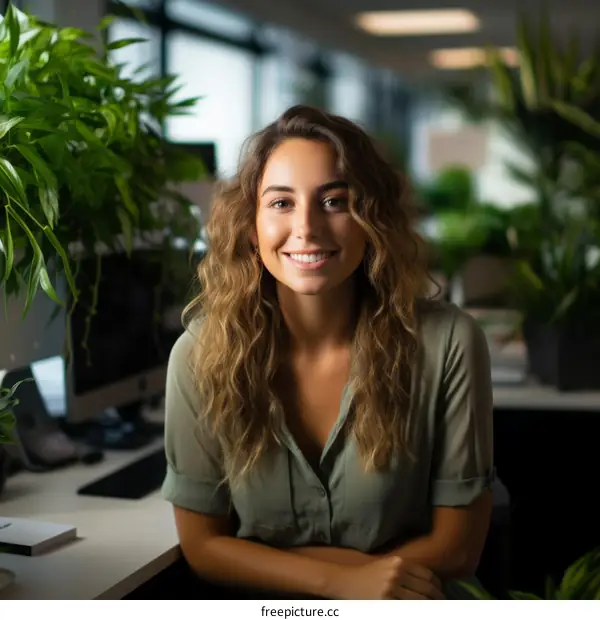 Portrait of a smiling young woman sitting in a green office