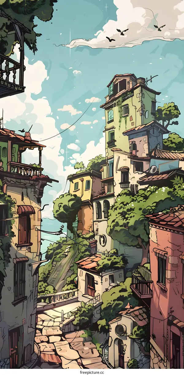 Colorful Illustration of Old European Village Houses