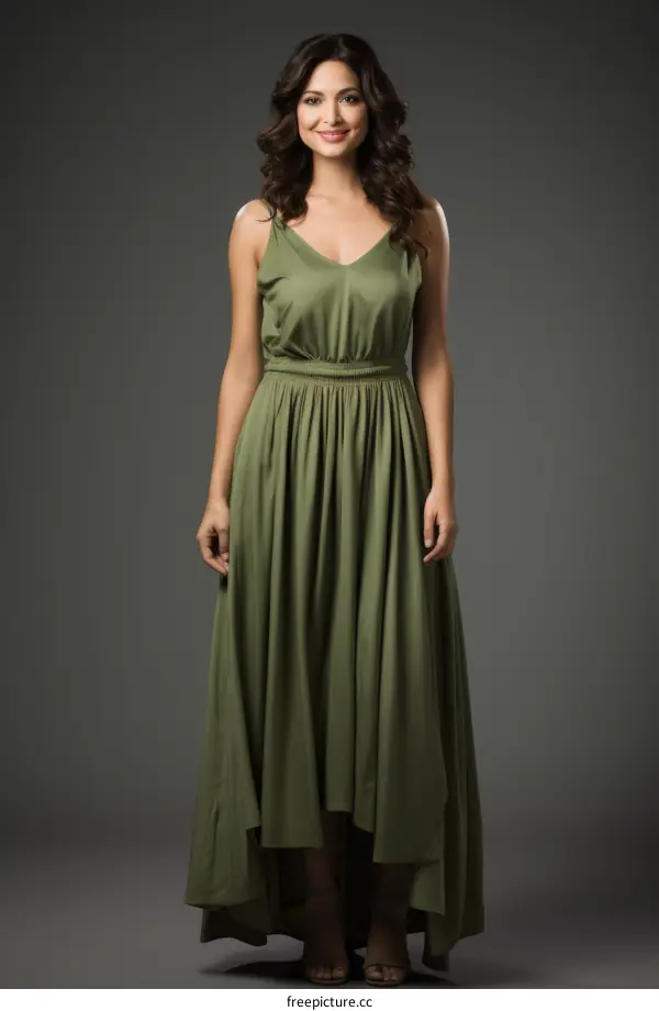 A woman wearing an olive green maxi dress