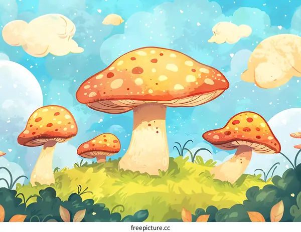 Cartoon Illustration of Mushrooms in a Meadow