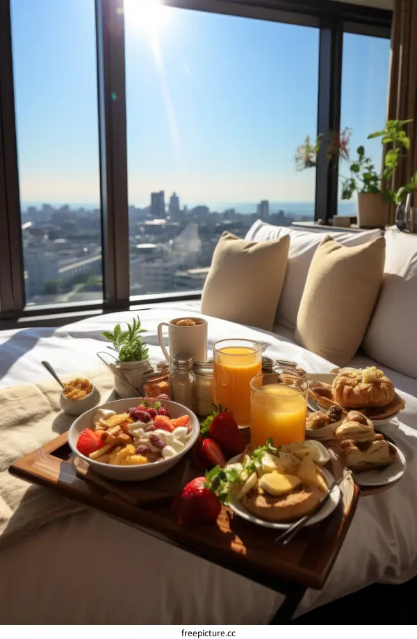 A delicious breakfast with a view of the city