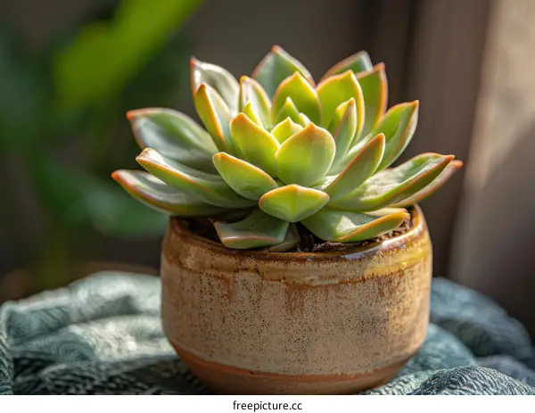 Close-up of a Green Echeveria Succulent Plant in a Ceramic Pot