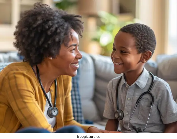 Smiling black female doctor with young patient