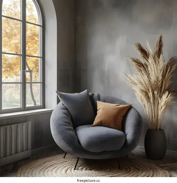 Cozy Living Room Interior Design with Gray Armchair and Brown Pillow