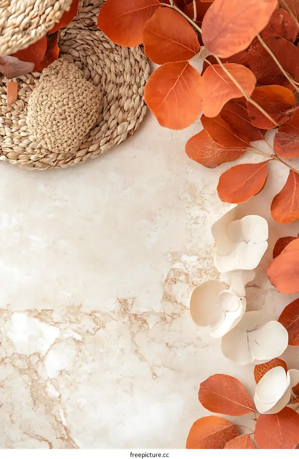 Autumn Leaves and Wicker Decor on a Beige Background