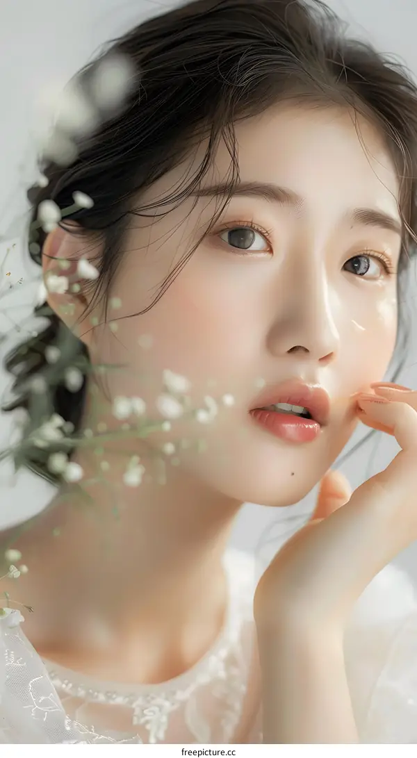 Closeup Portrait of a Young Asian Woman with Flowers