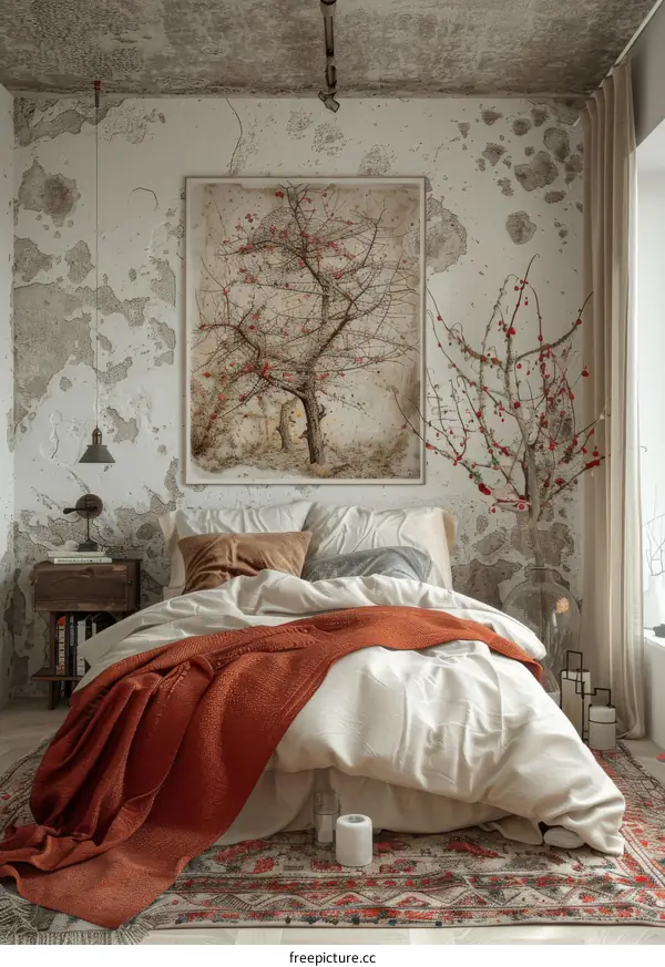Rustic Bedroom Interior with Artistic Wall Decor