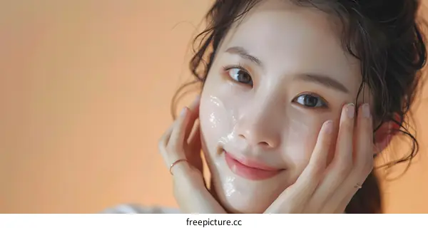 Beautiful Asian Woman with Clean Skin Using Facial Cleanser