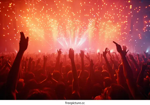 Crowd of People Cheering at a Concert with Raised Hands