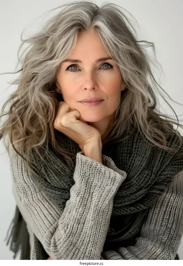 Closeup Portrait of a Beautiful Mature Woman with Grey Hair