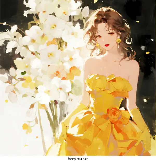 Elegant young woman in yellow dress standing near white flowers