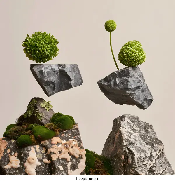 Floating Rocks with Green Plants