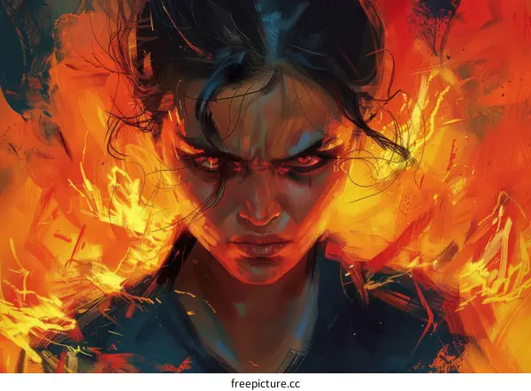 Portrait of a young woman with red eyes and orange background