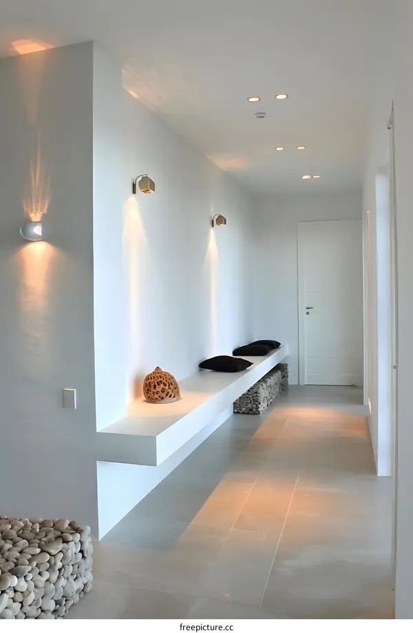 Modern Minimalist White Hallway with Bench and Lighting