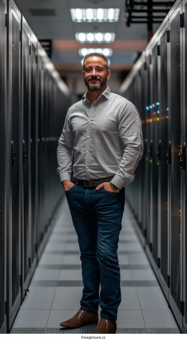 Middle Eastern man standing in a data center