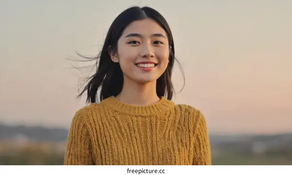Portrait of a Smiling Asian Woman in a Mustard Yellow Sweater