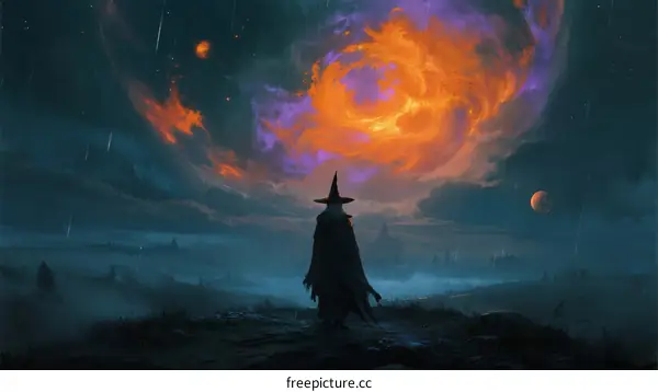 Mysterious Witch Standing in Front of Fiery Cosmic Cloud