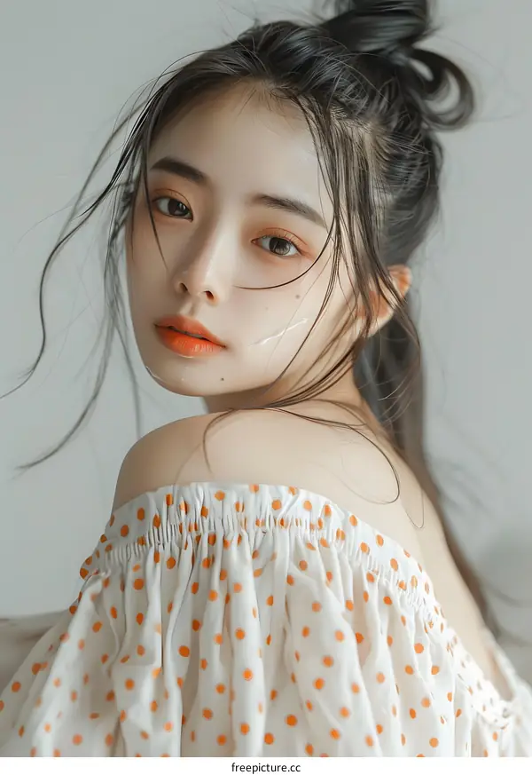 Portrait of a Young Asian Woman with a White Polka Dot Top