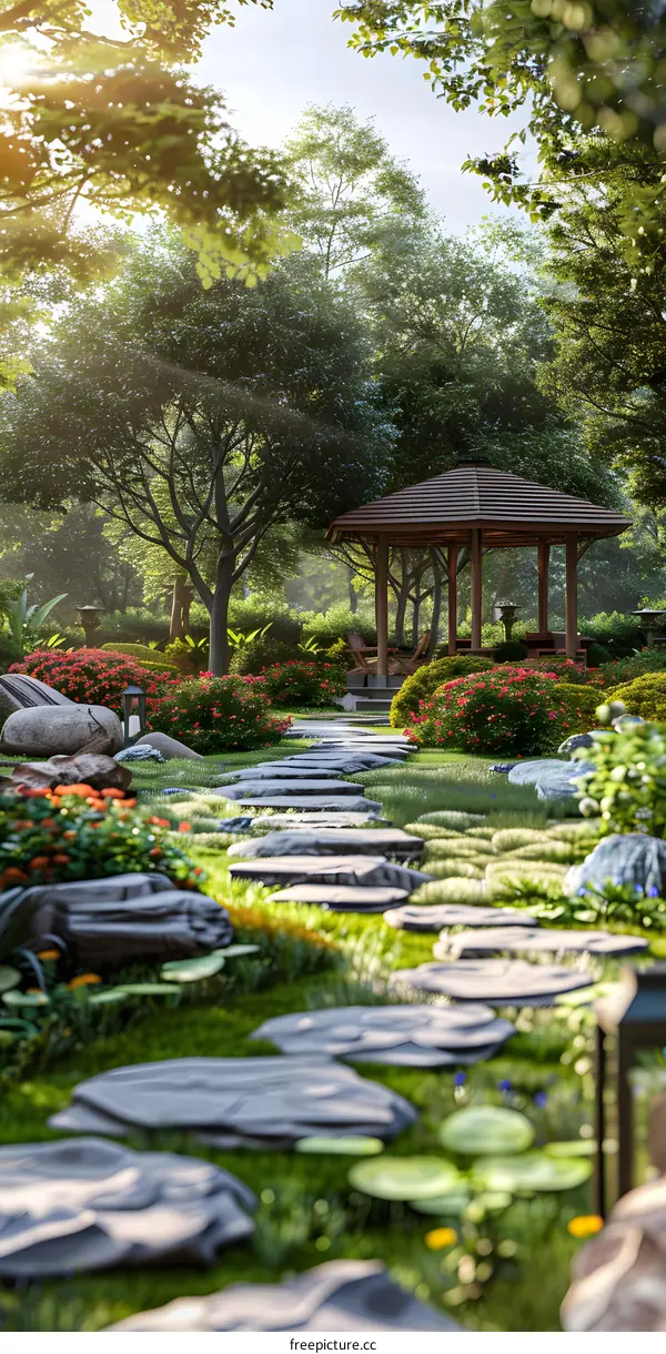 landscaped garden with stone path and wooden gazebo