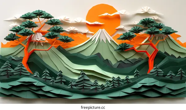 Green origami mountains and trees with an orange sun