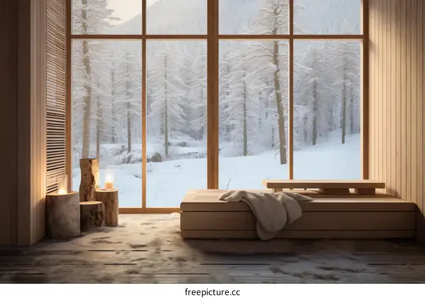 Wooden house interior with large windows overlooking snowy forest