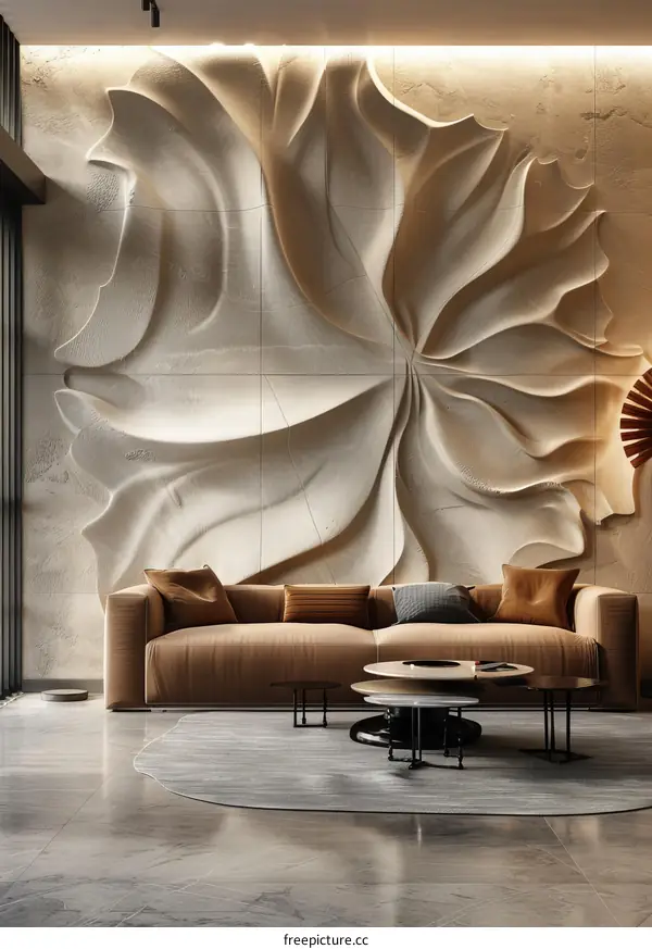 Modern Living Room Design with Sculptural Wall Decor