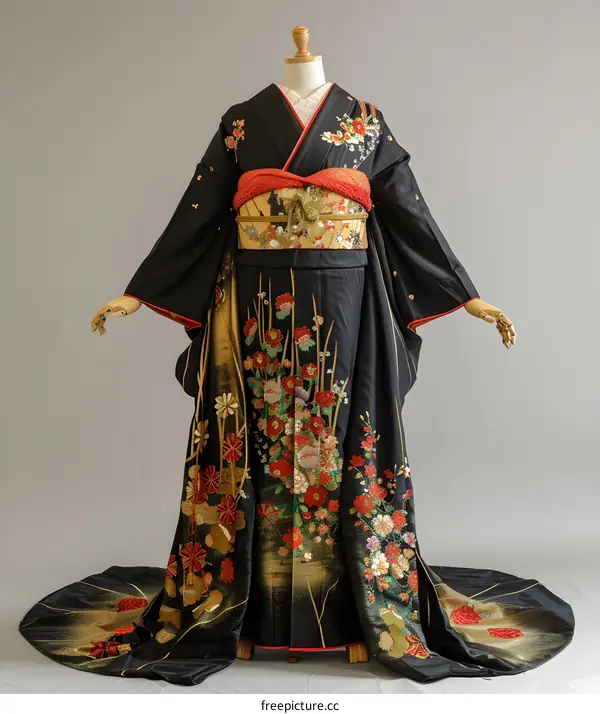 A woman wearing a black kimono with red and gold floral embroidery.